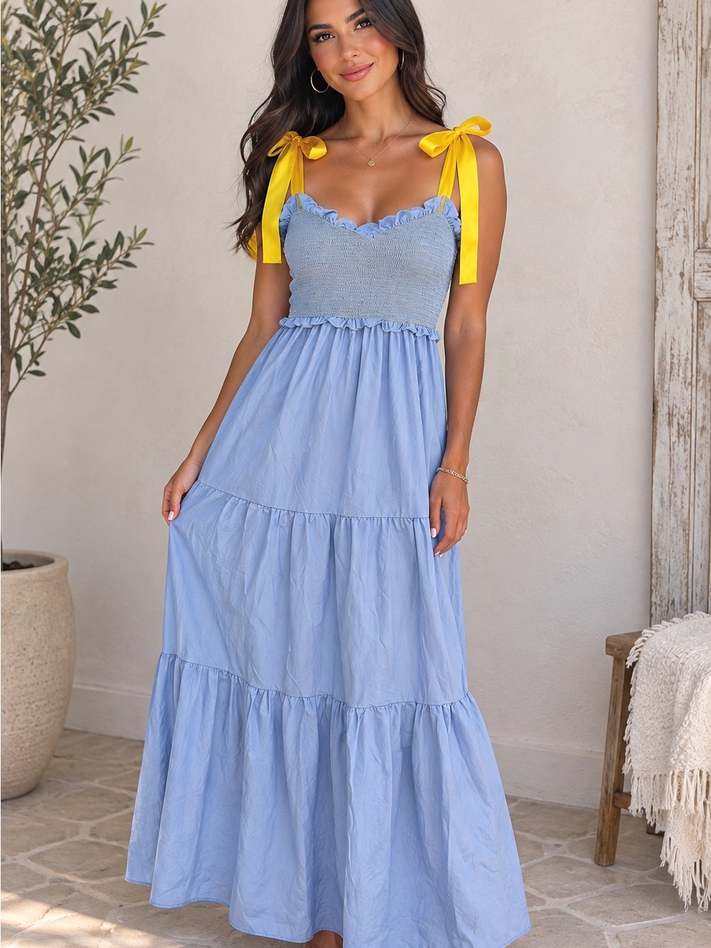 Smocked Bodice 🔥 Maxi Dress with Yellow Tie Straps - Light Blue